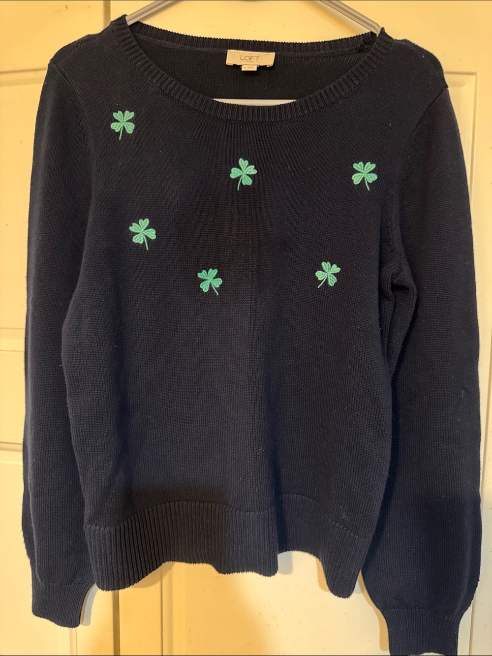 LOFT Navy Crewneck Sweater with Green Clover Accents